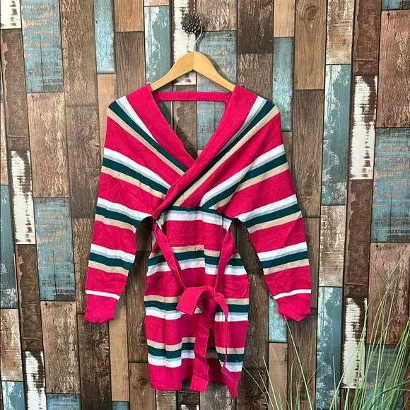 Striped Pink Wrap Sweater belted dress - Picture 2 of 13
